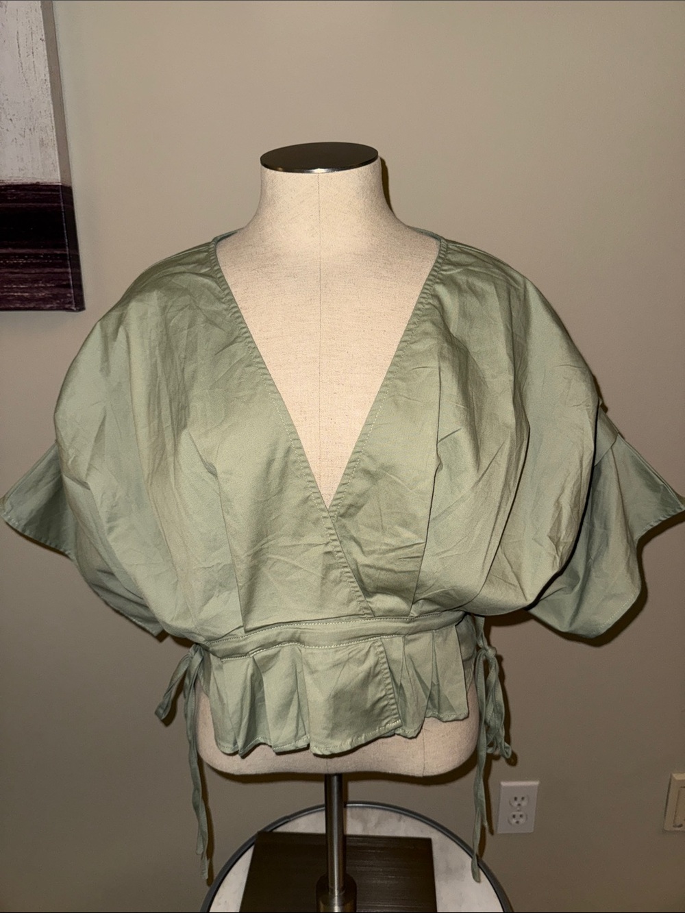 Soho Light Sage Wrap Blouse with Peplum Hem